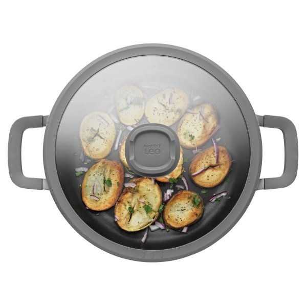 leo sauteerpan antikleef met dubbele handgreep en deksel stone 28cm